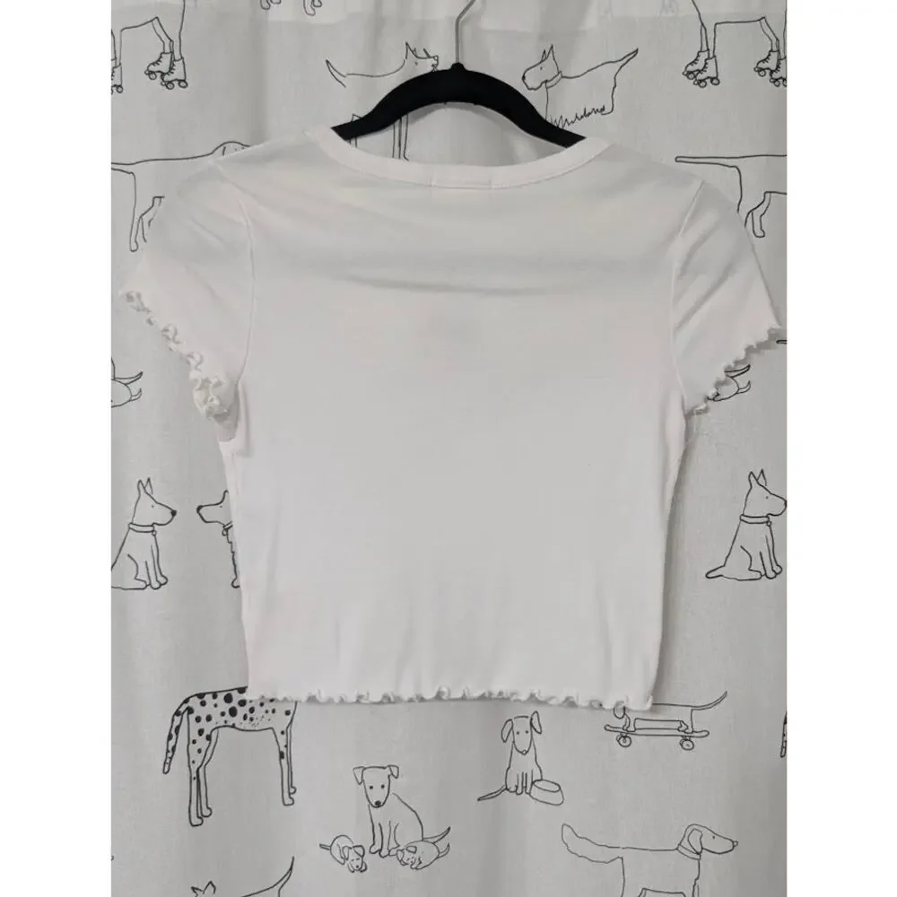Altar’d State Womens Y2K Mushroom Baby Tee Crop White Ribbed 90s Clueless Medium - Picture 3 of 3